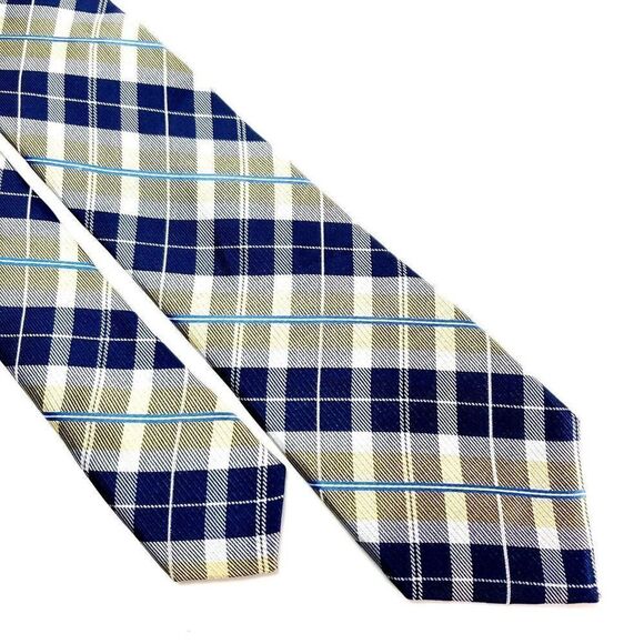 Nautica Silk Tie‎ Print Blue Yellow Plaid Skinny - Picture 1 of 6